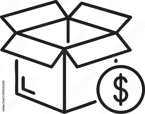 Black line drawing of an open cardboard box with a dollar sign