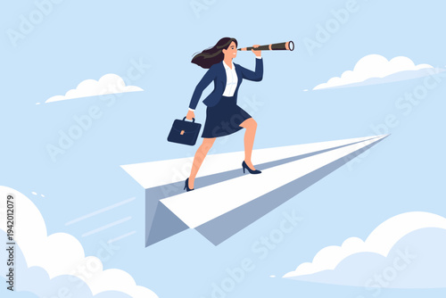 Businesswoman in a Suit Flying on a Large Paper Plane Through the Sky Looking Through a Telescope for Future Opportunities, Career Growth, Visionary Leadership, and Success Concept Illustration.