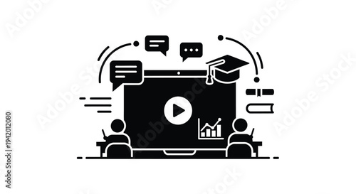 Online learning platform with students and graduation cap silhouette