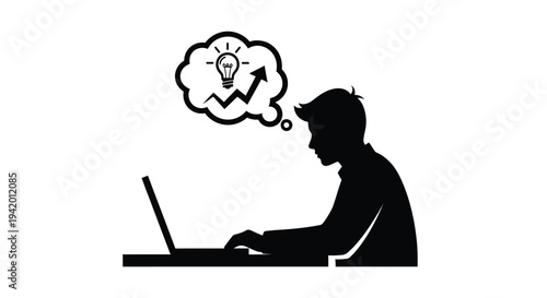 Man working on laptop with thought bubble a striking silhouette