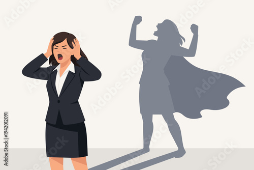 Stressed Businesswoman Screaming with Hands on Head and a Powerful Superhero Shadow with a Cape Representing Inner Strength, Resilience, and Hidden Potential, Simple Flat Vector Illustration