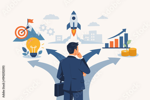 Businessman Standing at Crossroads Choosing Best Strategy and Opportunity for Company Growth, Career Path Decision Concept with Rocket Startup, Idea Lightbulb, Financial Profit and Goal Target
