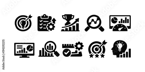 Business analytics and performance icons for data analysis, reporting and strategy