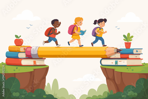 Diverse children running across a giant pencil bridge spanning a gap between cliffs supported by stacks of books, symbolizing education, learning progress, and knowledge in flat vector style.