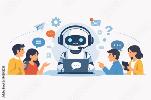 AI robot chatbot operator with headset and laptop providing online customer support and virtual assistance to diverse people with mobile devices, flat vector illustration for tech concept.
