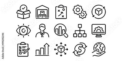 Business and management icons representing strategy, growth, and operational processes