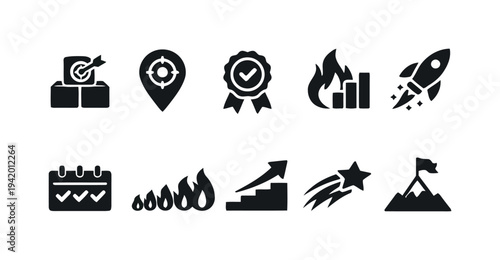 Business and success goal achievement icons with rocket, mountain, and award symbols