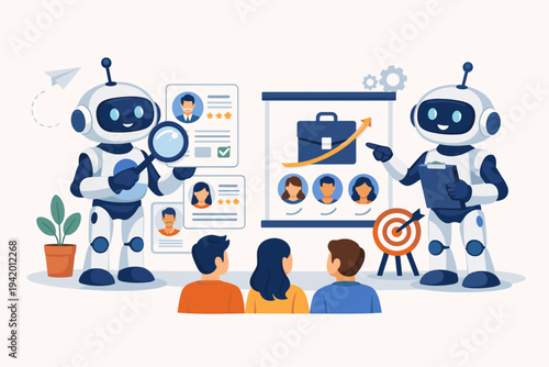 AI recruitment and automated hiring process concept with two friendly robots screening candidate profiles, analyzing resumes, and selecting the best talent for a business team vector illustration.