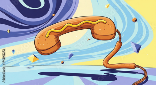 Cartoon hot dog telephone with mustard on a colorful abstract background on transparent background