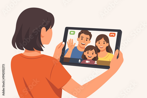 Woman holding tablet computer for video call with happy smiling family. Flat vector illustration of mother father and child on screen waving to friend or relative during an online conference call.