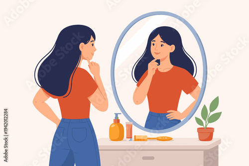Flat vector illustration of a young woman looking at her reflection in an oval mirror on a vanity table, smiling and touching her chin, representing self-love, confidence, and introspection.
