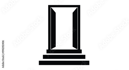 Black doorway with steps leading to light minimalist silhouette