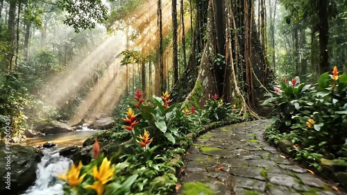 Paved Path in a Lush Tropical Rainforest - A vertical view showcases a paved stone path winding through a verdant tropical rainforest, adorned with diverse flora and fauna.