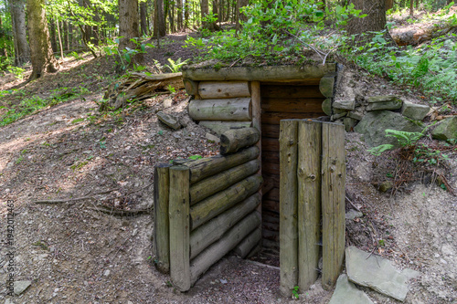 Konstfotografi Reconstructed ww2 partisan hideout bunker in nature, Slovakia