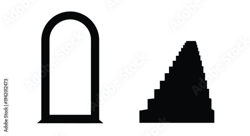 Abstract arch and stepped pyramid shapes in stark contrast silhouette