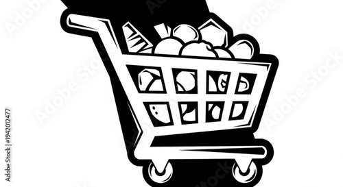 Shopping cart filled with various grocery items on transparent background