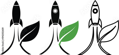 Eco friendly rocket launch vector illustration with green leaf, flat design