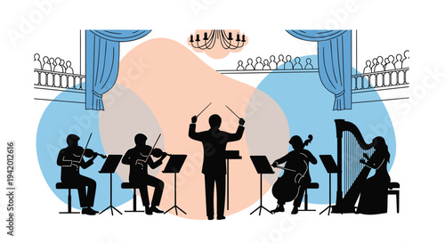 Vector illustration of orchestra musicians on stage with conductor