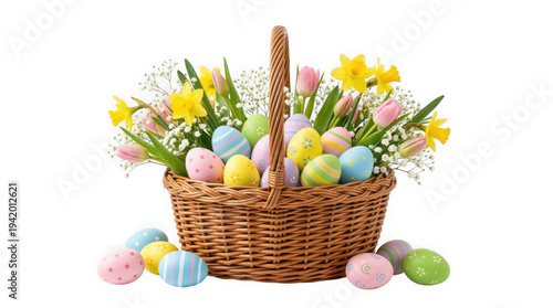 Easter eggs in a woven basket with colorful flowers and decorative easter eggs