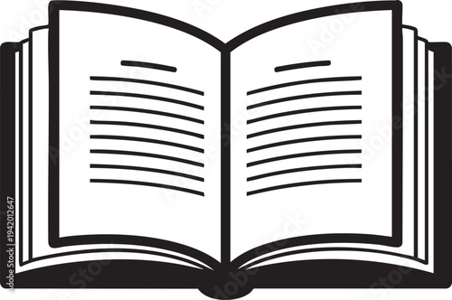 A black and white illustration of an open book with lined pages