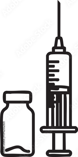 Black line drawing of a medical syringe and small medicine bottle