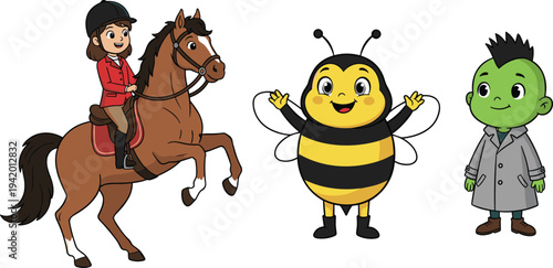 Cute cartoon character vector collection featuring a girl riding a brown horse a happy bumblebee and a friendly green boy with a mohawk.