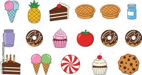 Colorful sweet treats and dessert vector collection featuring ice cream cones cupcakes donuts cookies and cake for bakery designs.