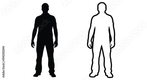 Two male figures one dark and one light stand facing forward silhouette