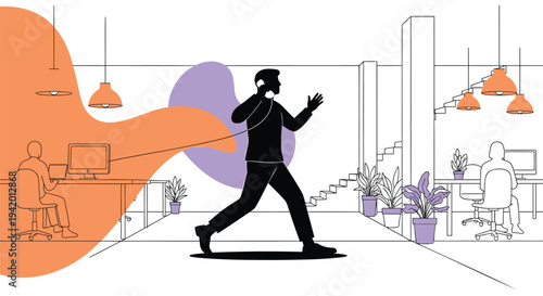 Vector office scene with people working and walking, modern interior