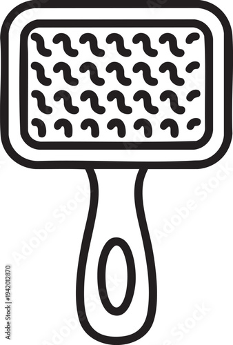 A black and white illustration of a slicker brush for pet grooming