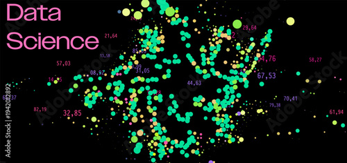 Colorful vector art of "Data Science" with numbered particle clusters in greens-yellows on black. Conceptual vector illustration for data visualization and particle simulation themes.