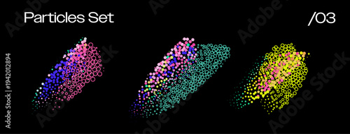 Vector art of "Particles Set" with three colorful comet particle trails on black. Conceptual vector illustration for motion graphics and particle effects themes.