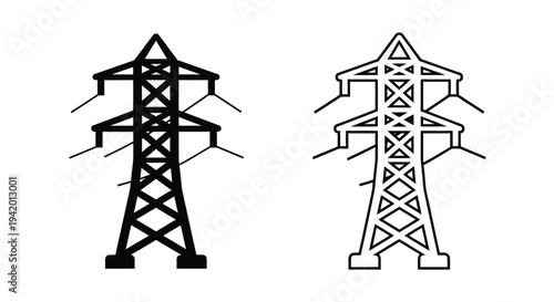 Two electrical power transmission towers in a stark black silhouette