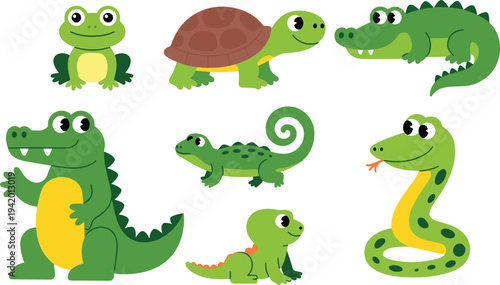 Cute green reptile and amphibian vector collection featuring friendly cartoon crocodiles turtles frogs and snakes for children's designs.