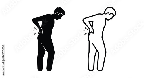 Two men experiencing back pain depicted in a stark silhouette