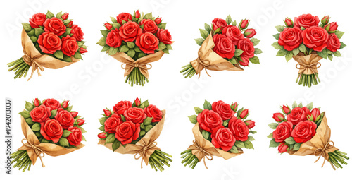 A charming watercolor collection of red rose bouquets wrapped in kraft paper featuring romantic floral arrangements with fresh garden roses and greenery.