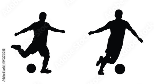 Two men playing soccer with a ball dynamic poses silhouette