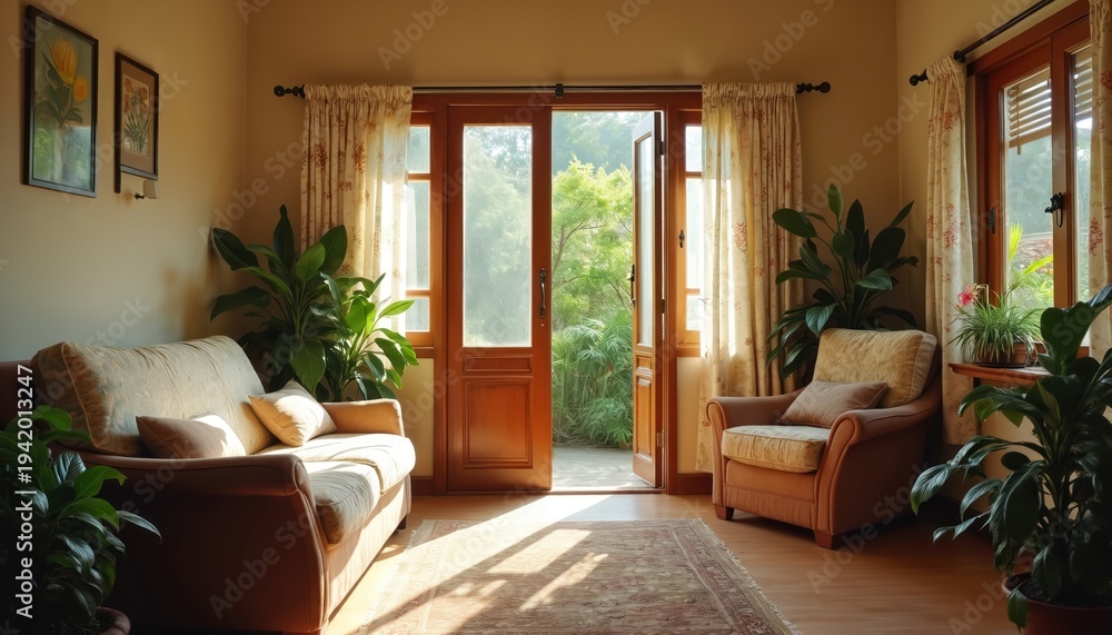 Naklejka premium Filipino home interior, warm living room with sofa armchair, plants, open doors to garden. Sunlight streams in, creating cozy, humble, welcoming atmosphere. Floor rug visible.