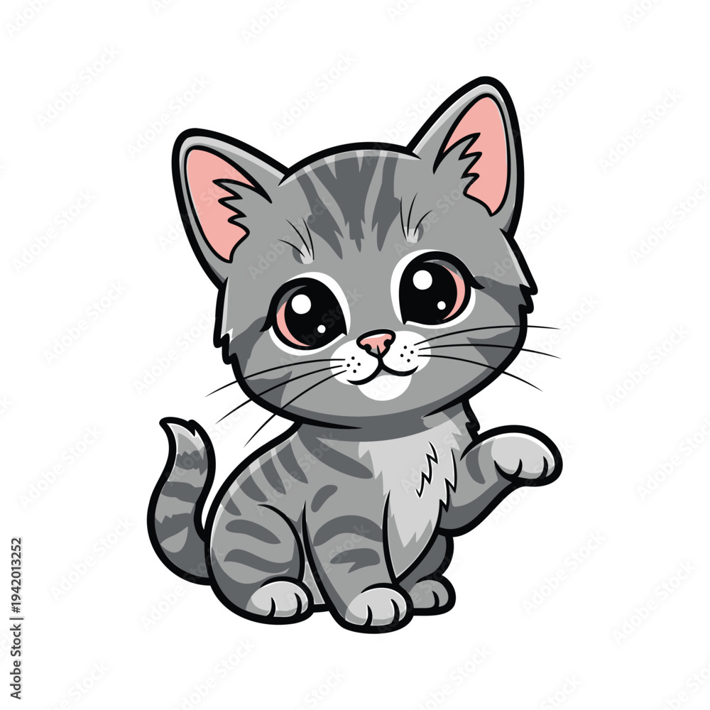 Fototapeta premium Adorable grey kitten sitting with big eyes looking directly at the viewer, illustration