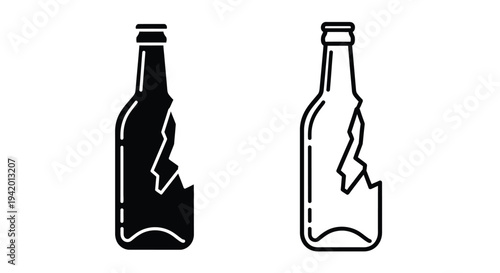 Two broken glass bottles depicted in a stark black silhouette