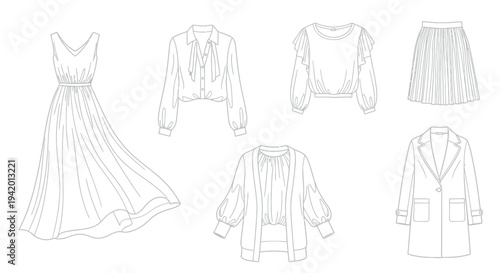 Collection of detailed black and white fashion garment sketches featuring a flowing dress blouses skirts and a long coat