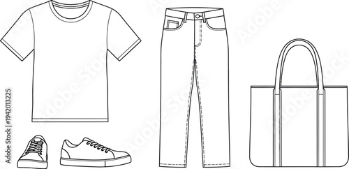 Black and white technical flat sketch illustration depicting essential casual men's clothing items like a t-shirt, jeans, sneakers, and a tote bag.