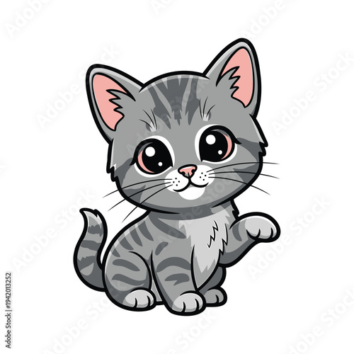 Adorable grey kitten sitting with big eyes looking directly at the viewer, illustration