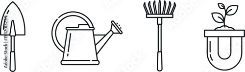Minimalist line art icons depicting essential gardening tools including a shovel, watering can, rake, and a small potted plant, ideal for horticulture and nature-themed designs.