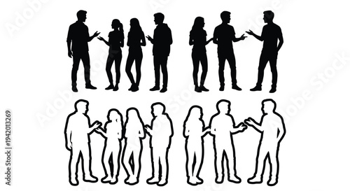 Group of people interacting depicted in stark black shapes silhouette
