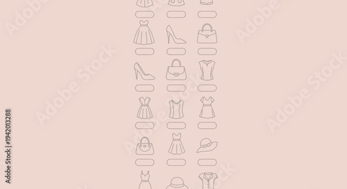 Elegant collection of simple line art icons representing women's fashion, featuring various dresses, fashionable high heels, chic handbags, stylish tops, and trendy hats.