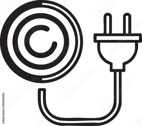 Black and white illustration of a coiled cord with a plug and copyright symbol