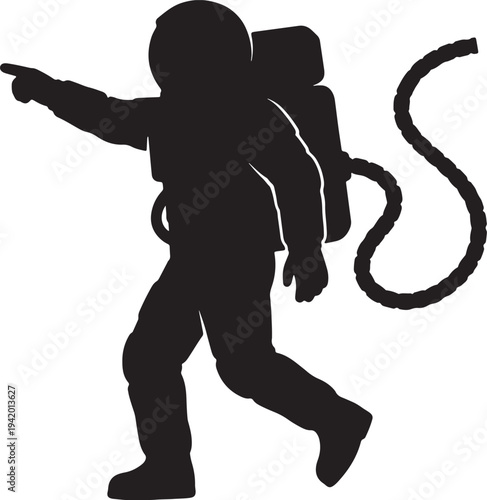 Black silhouette of an astronaut pointing forward with a hose attached to the backpack also transparent background