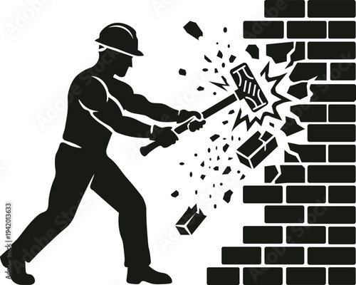 Construction Worker Silhouette Breaking Brick Wall Vector