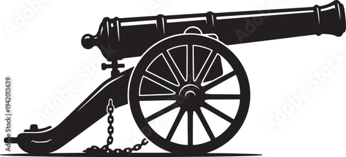 Black silhouette of antique cannon with large wheels and chain also transparent background military